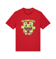 red funny t-shirt with the graphic of a cartoon jigsaw piece and the slogan 'wanna piece of me'