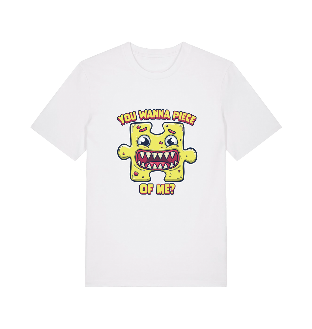 white funny t-shirt with the graphic of a cartoon jigsaw piece and the slogan 'wanna piece of me'