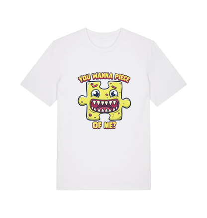 white funny t-shirt with the graphic of a cartoon jigsaw piece and the slogan 'wanna piece of me'