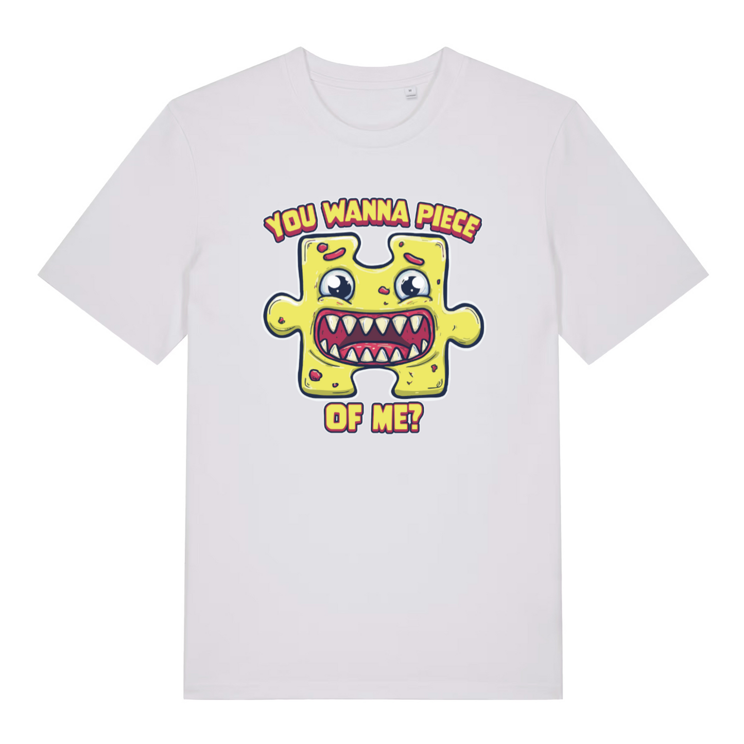 white graphic t-shirt with a cartoon jigsaw piece and the slogan 'you wanna piece'
