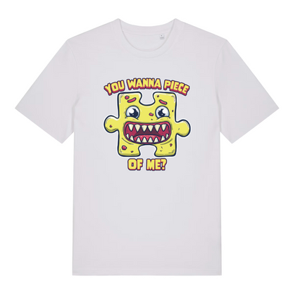 white graphic t-shirt with a cartoon jigsaw piece and the slogan 'you wanna piece'