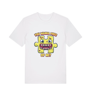 white funny t-shirt with the graphic of a cartoon jigsaw piece and the slogan 'wanna piece of me'