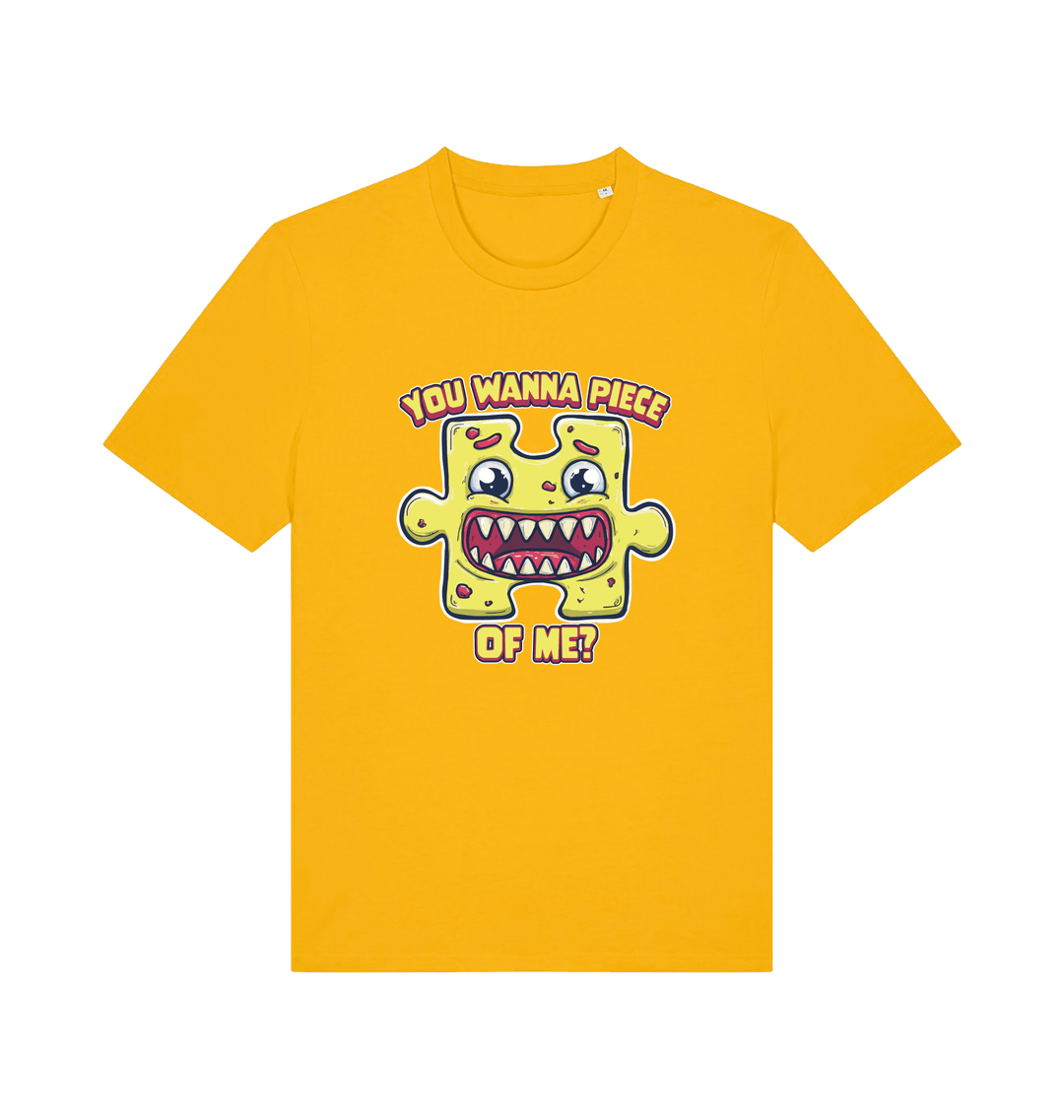 yellow funny t-shirt with the graphic of a cartoon jigsaw piece and the slogan 'wanna piece of me'