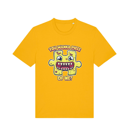 yellow funny t-shirt with the graphic of a cartoon jigsaw piece and the slogan 'wanna piece of me'