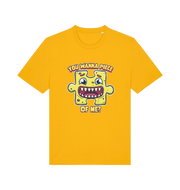 yellow funny t-shirt with the graphic of a cartoon jigsaw piece and the slogan 'wanna piece of me'