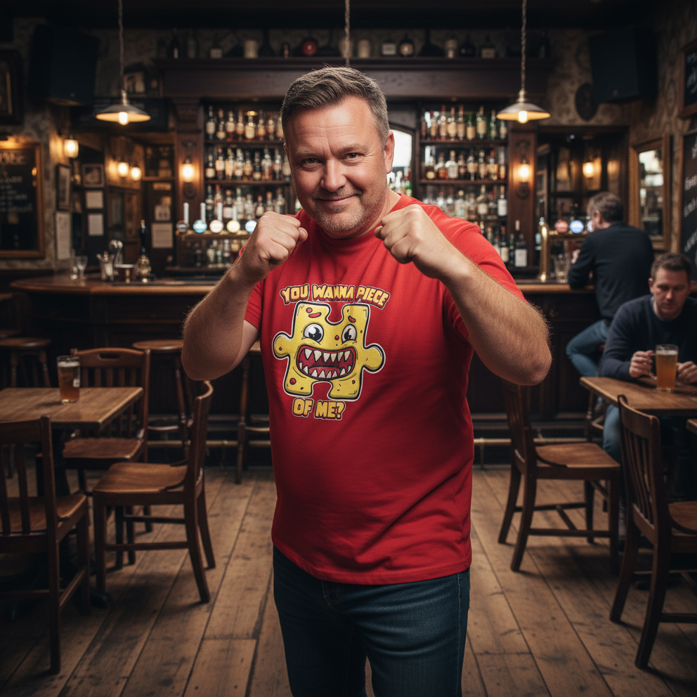 Man in a red t-shirt with a graphic design in a pub setting