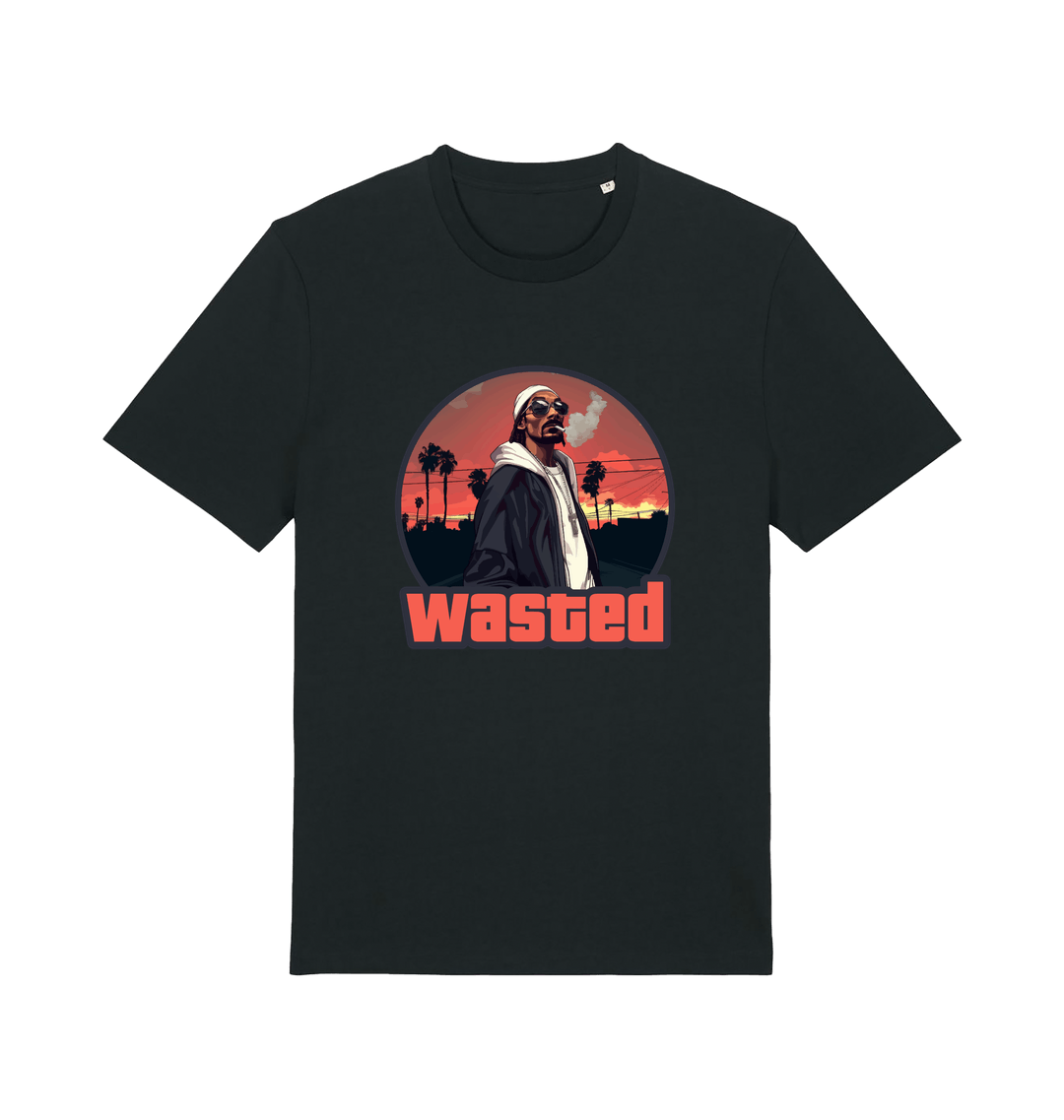 black gaming t-shirt with the graphic of a man smoking in a grand theft auto style and the slogan 'wasted'