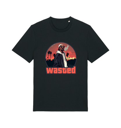 black gaming t-shirt with the graphic of a man smoking in a grand theft auto style and the slogan 'wasted'