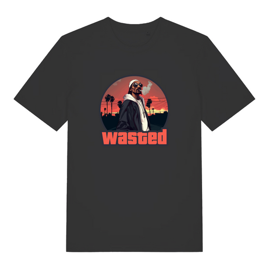black gaming t-shirt with a gta style graphic of snoop dogg smoking and the slogan 'wasted' 
