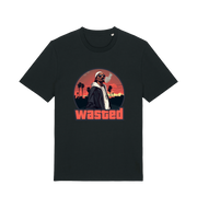 black gaming t-shirt with the graphic of a man smoking in a grand theft auto style and the slogan 'wasted'