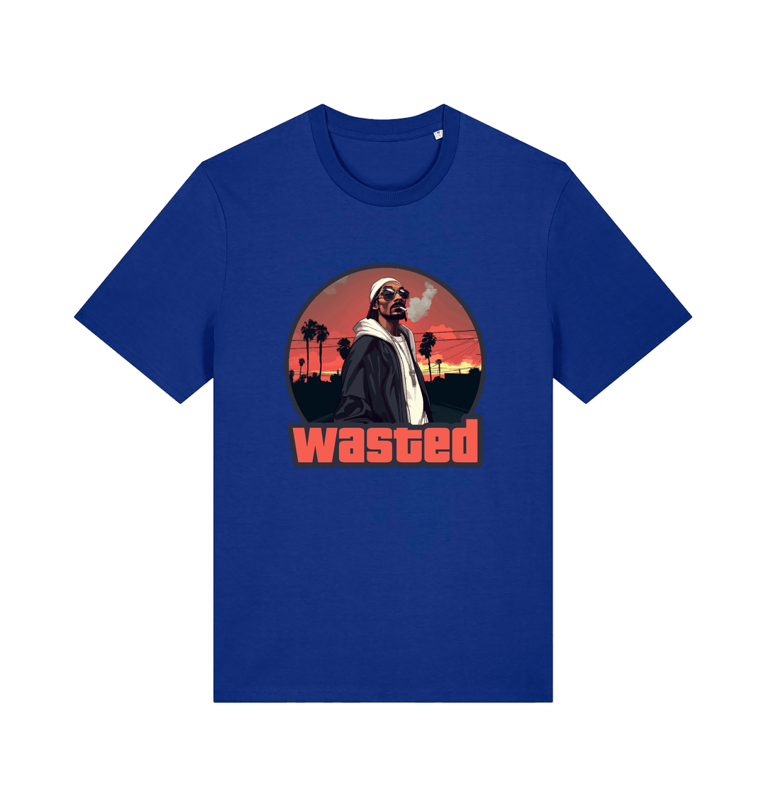 blue gaming t-shirt with the graphic of a man smoking in a grand theft auto style and the slogan 'wasted'