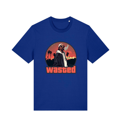 blue gaming t-shirt with the graphic of a man smoking in a grand theft auto style and the slogan 'wasted'