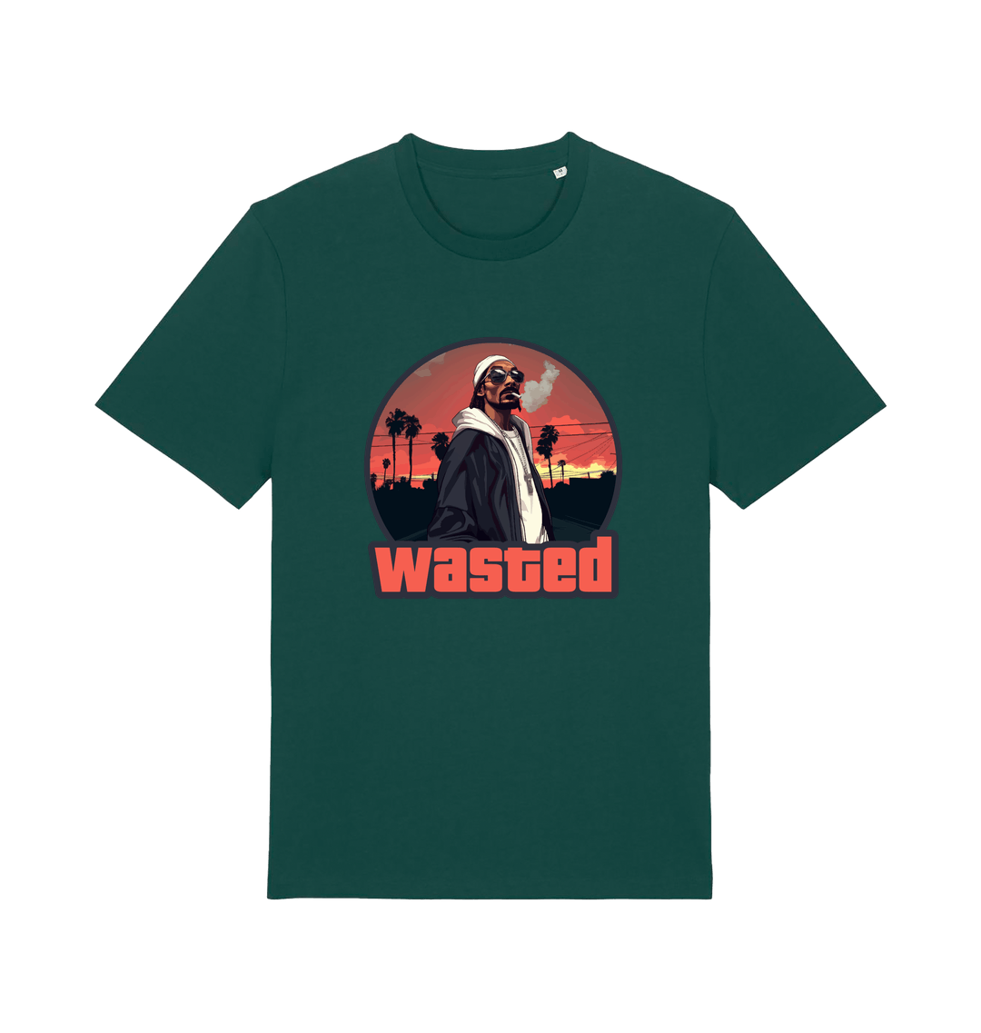 green gaming t-shirt with the graphic of a man smoking in a grand theft auto style and the slogan 'wasted'