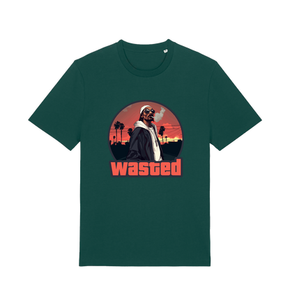 green gaming t-shirt with the graphic of a man smoking in a grand theft auto style and the slogan 'wasted'
