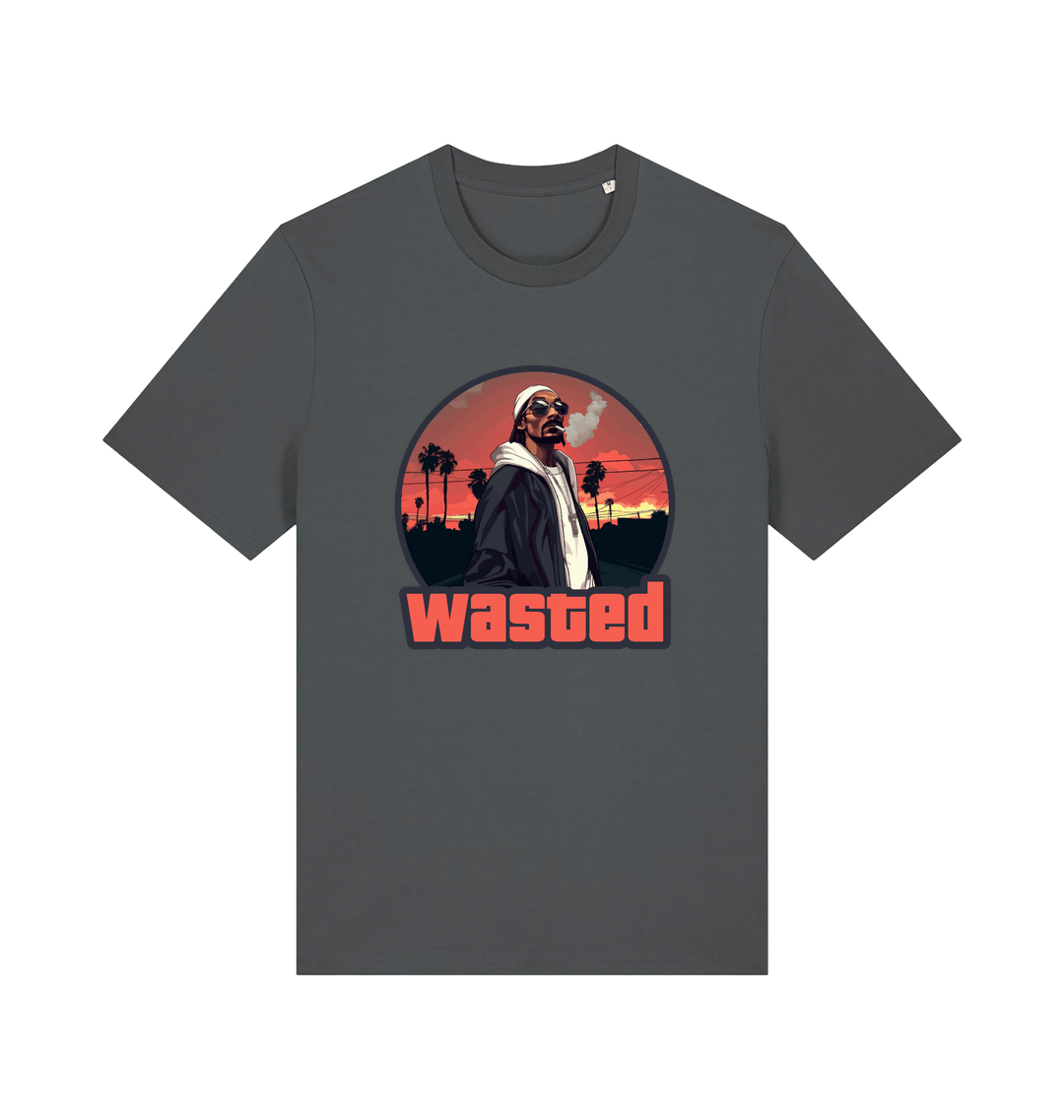 grey gaming t-shirt with the graphic of a man smoking in a grand theft auto style and the slogan 'wasted'