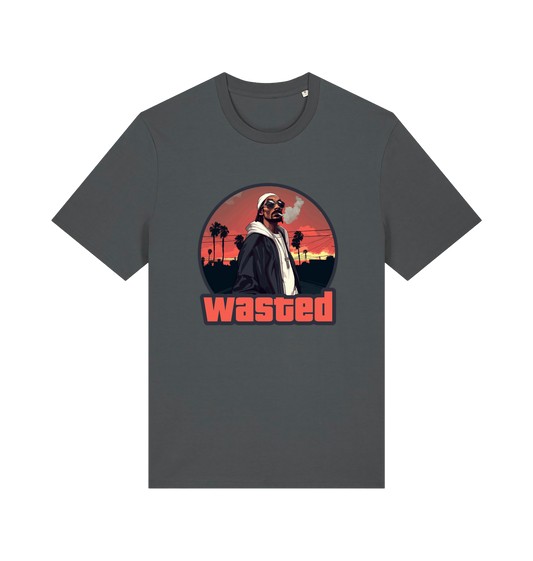 grey gaming t-shirt with the graphic of a man smoking in a grand theft auto style and the slogan 'wasted'