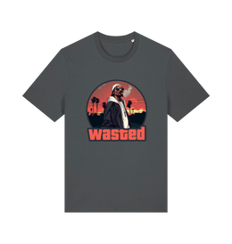grey gaming t-shirt with the graphic of a man smoking in a grand theft auto style and the slogan 'wasted'