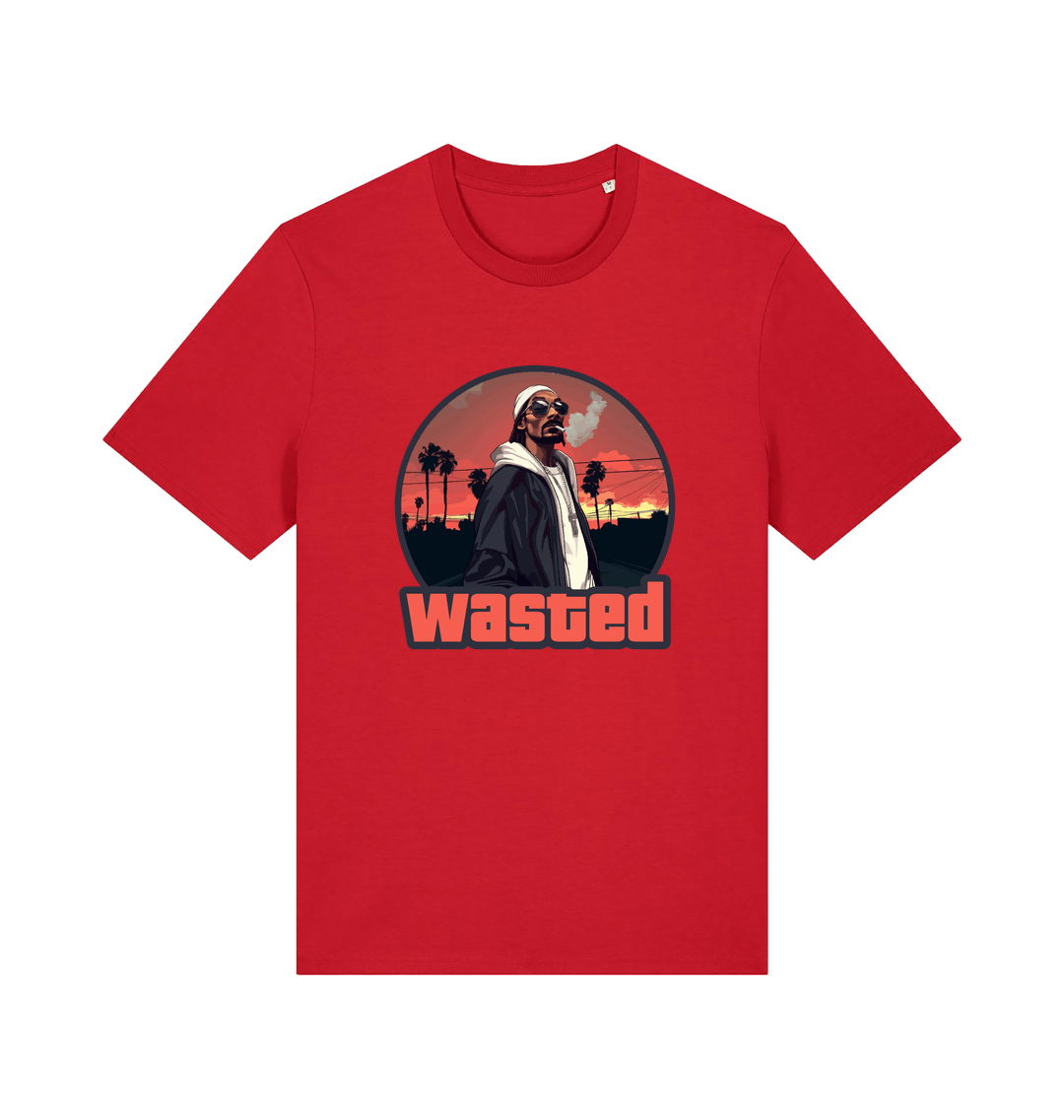 red gaming t-shirt with the graphic of a man smoking in a grand theft auto style and the slogan 'wasted'
