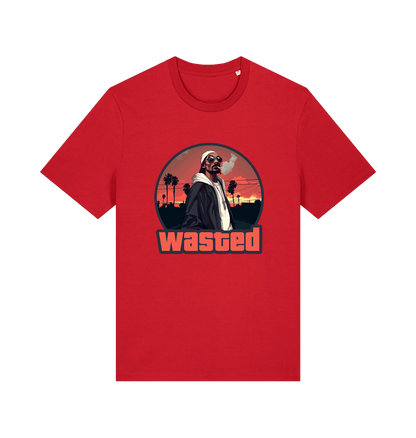 red gaming t-shirt with the graphic of a man smoking in a grand theft auto style and the slogan 'wasted'