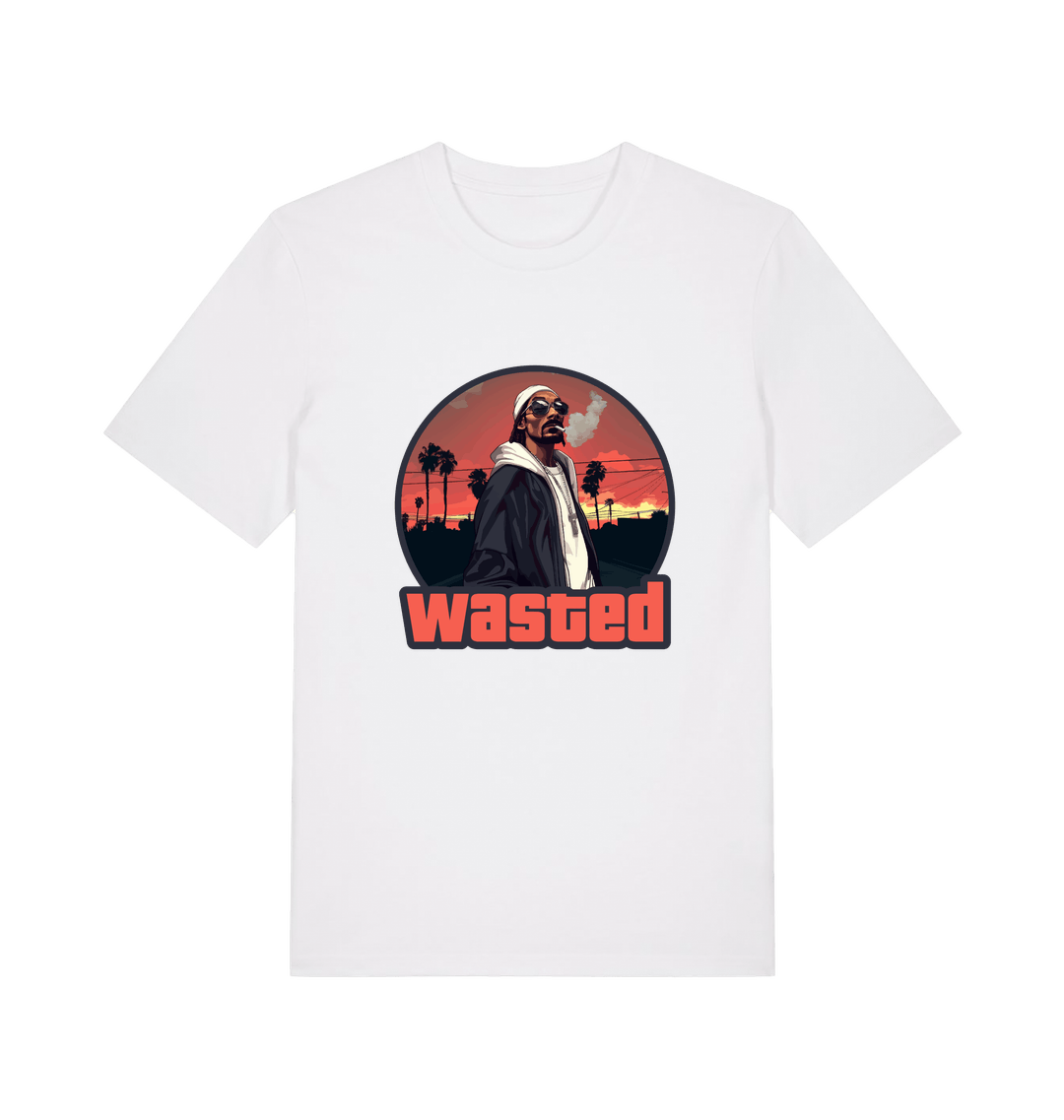 white gaming t-shirt with the graphic of a man smoking in a grand theft auto style and the slogan 'wasted'