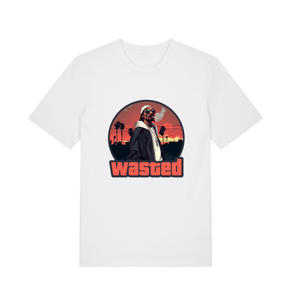 white gaming t-shirt with the graphic of a man smoking in a grand theft auto style and the slogan 'wasted'