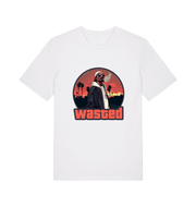 white gaming t-shirt with the graphic of a man smoking in a grand theft auto style and the slogan 'wasted'