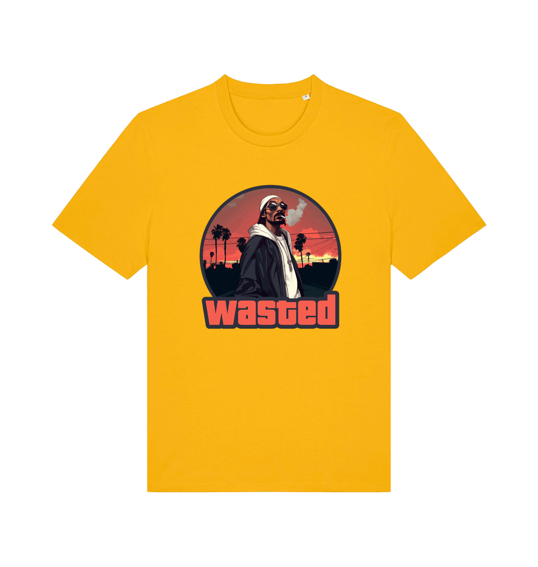 yellow gaming t-shirt with the graphic of a man smoking in a grand theft auto style and the slogan 'wasted'