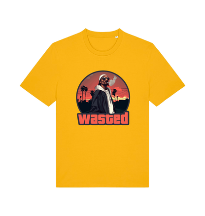 yellow gaming t-shirt with the graphic of a man smoking in a grand theft auto style and the slogan 'wasted'