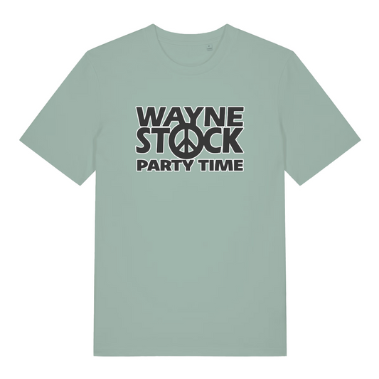 Light green movie t-shirt with 'Wayne Stock Party Time' text and peace symbol 