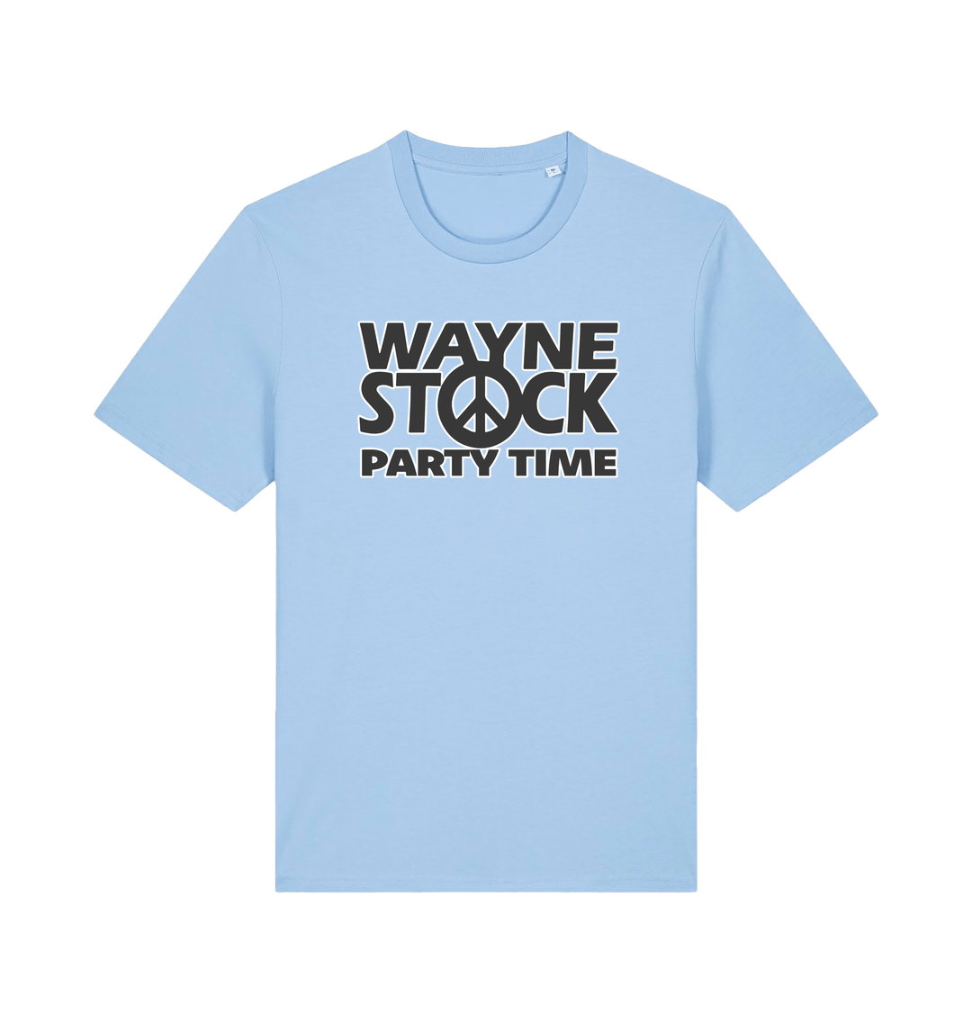 light blue movie t-shirt with the slogan 'waynestock party time'