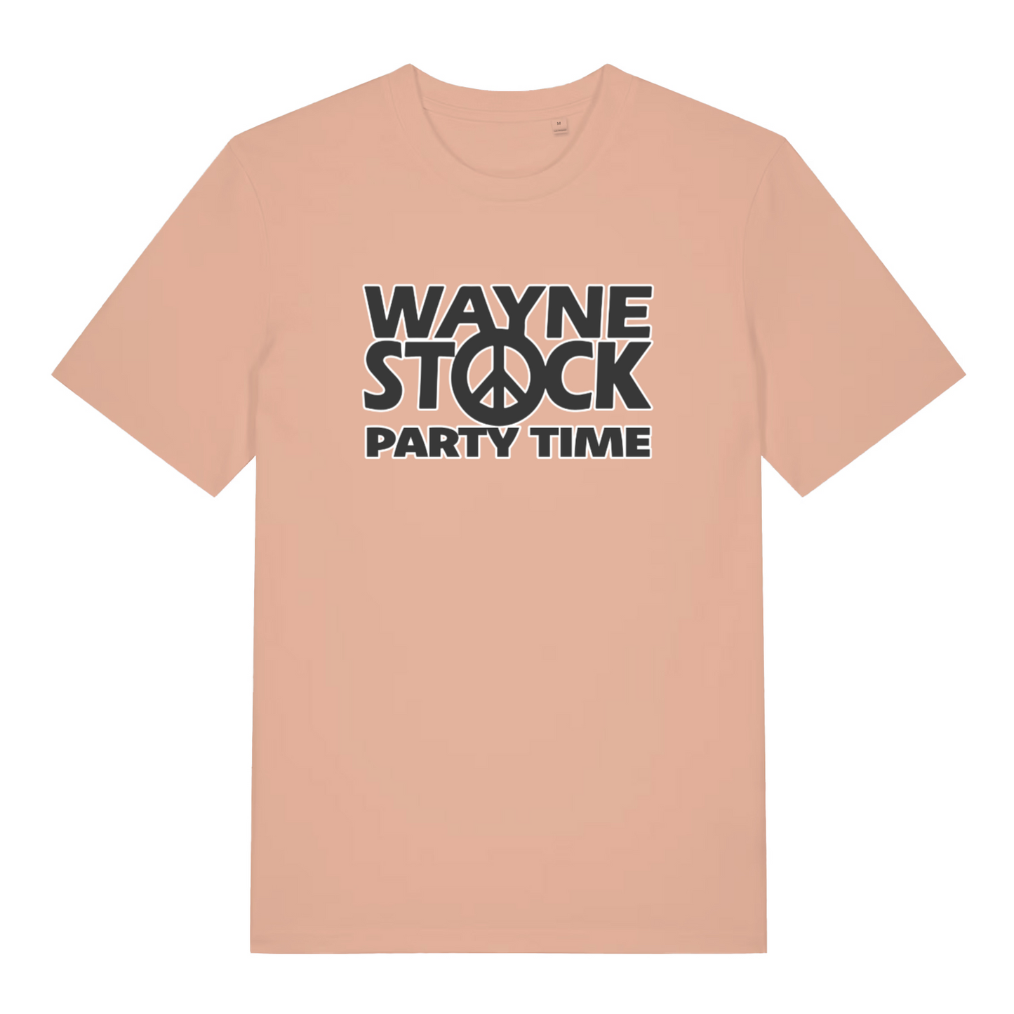 peach movie t-shirt with 'Wayne Stock Party Time' text and peace symbol 