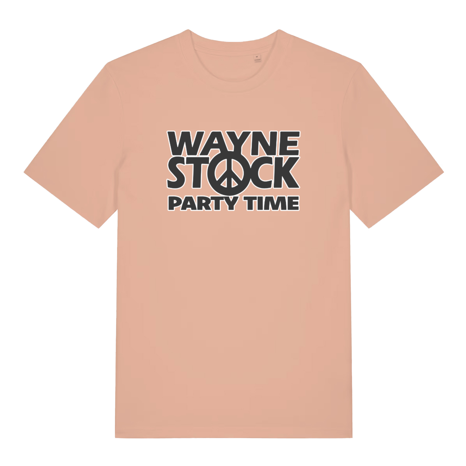 peach movie t-shirt with 'Wayne Stock Party Time' text and peace symbol 