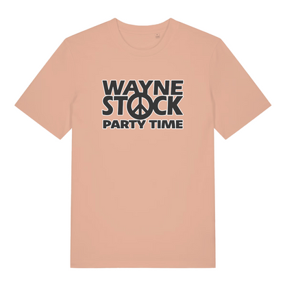 peach movie t-shirt with 'Wayne Stock Party Time' text and peace symbol 
