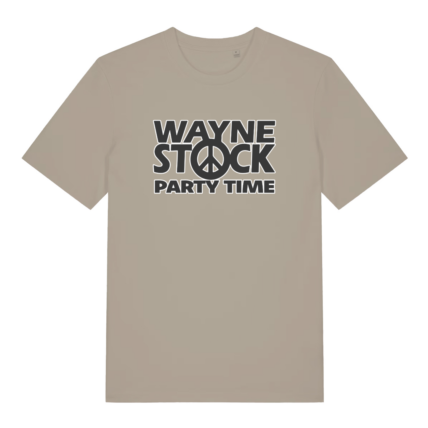 stone movie t-shirt with 'Wayne Stock Party Time' text and peace symbol 