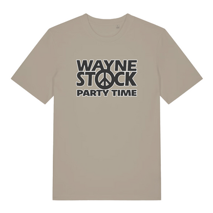 stone movie t-shirt with 'Wayne Stock Party Time' text and peace symbol 