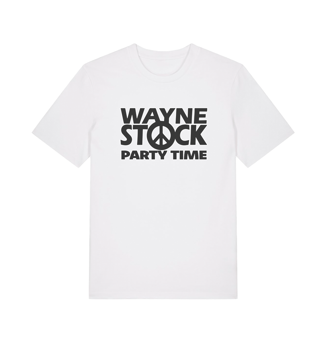 white movie t-shirt with the slogan 'waynestock party time'