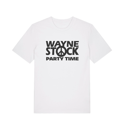 white movie t-shirt with the slogan 'waynestock party time'