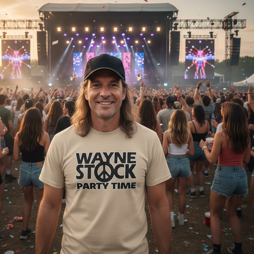 Man wearing a 'Wayne Stock Party Time' t-shirt at a concert with a crowd and stage in the background.