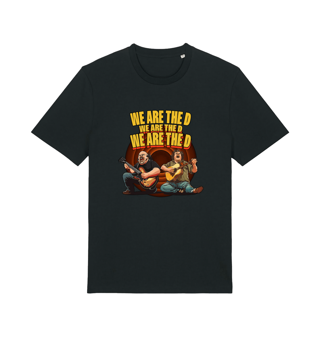 black music t-shirt with the graphic of two men playing guitars and the slogan 'we are the d'