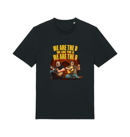 black music t-shirt with the graphic of two men playing guitars and the slogan 'we are the d'