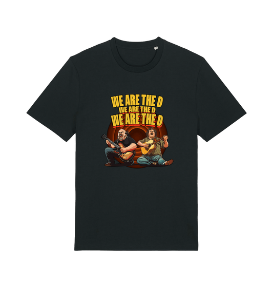 black music t-shirt with the graphic of two men playing guitars and the slogan 'we are the d'