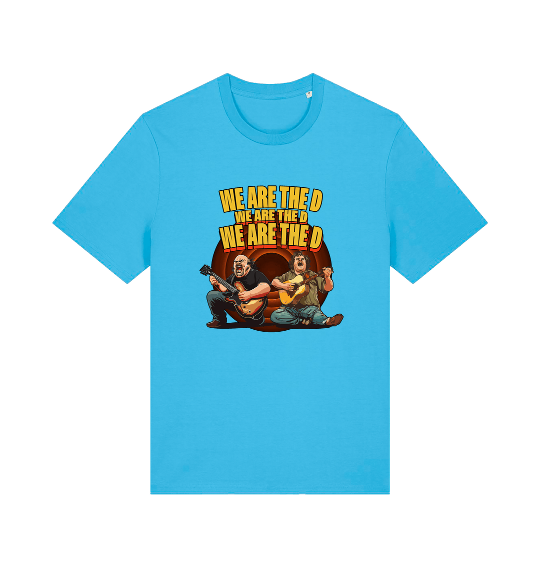 blue music t-shirt with the graphic of two men playing guitars and the slogan 'we are the d'
