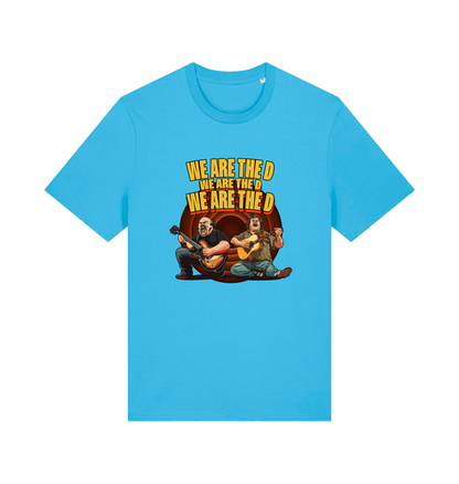 blue music t-shirt with the graphic of two men playing guitars and the slogan 'we are the d'