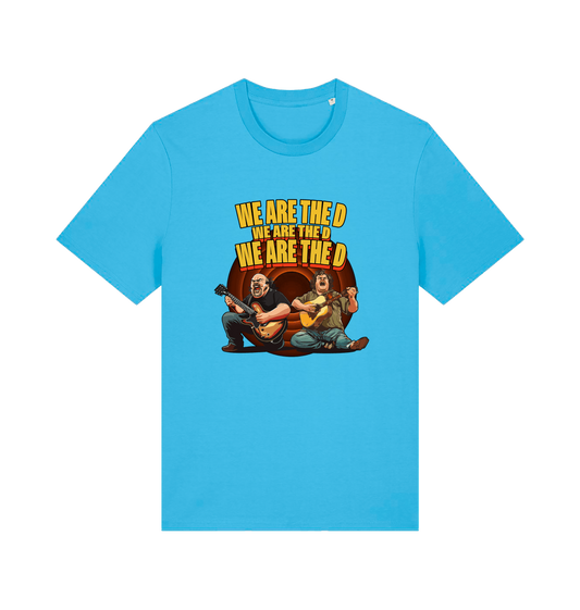blue music t-shirt with the graphic of two men playing guitars and the slogan 'we are the d'