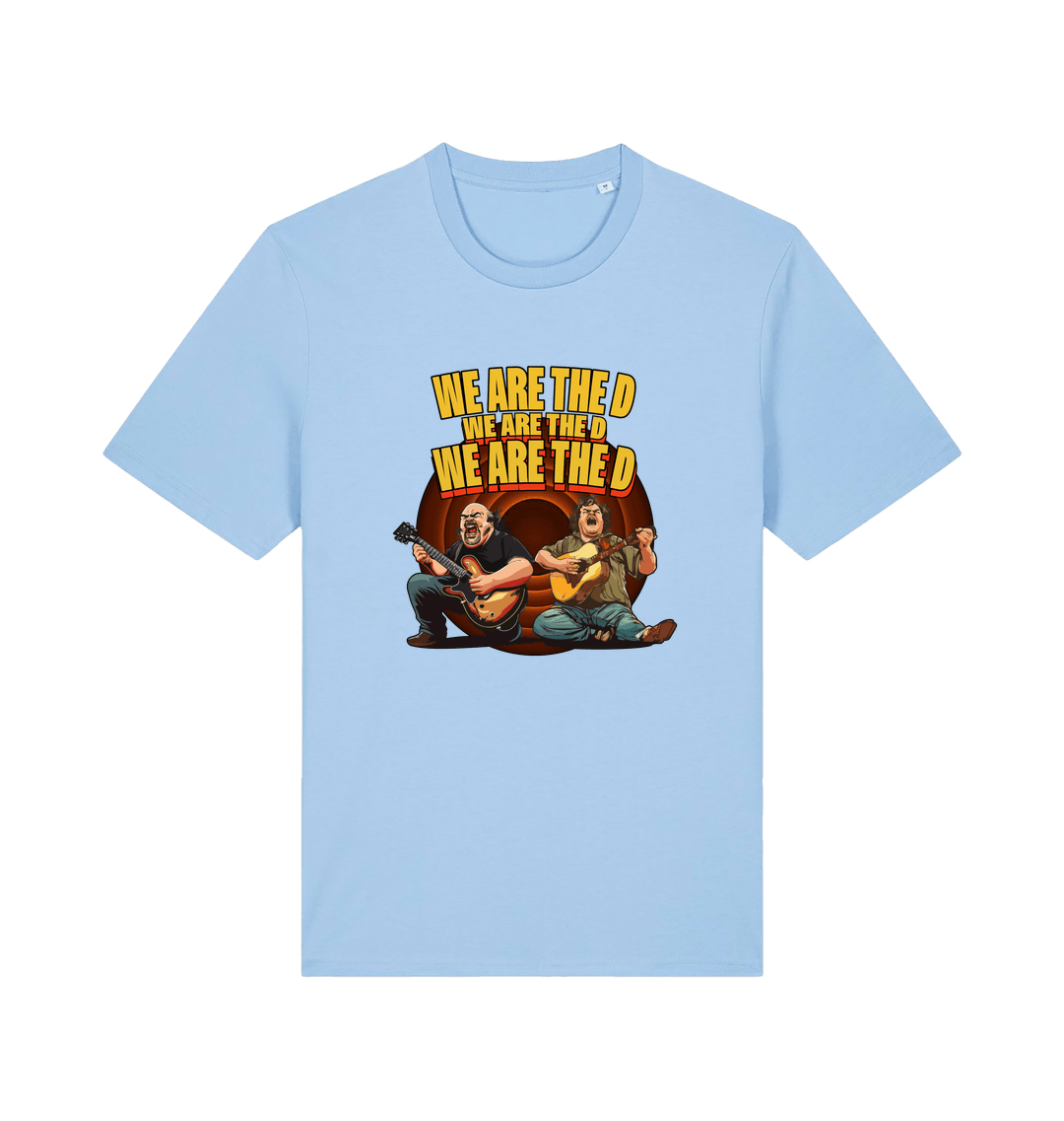 light blue music t-shirt with the graphic of two men playing guitars and the slogan 'we are the d'