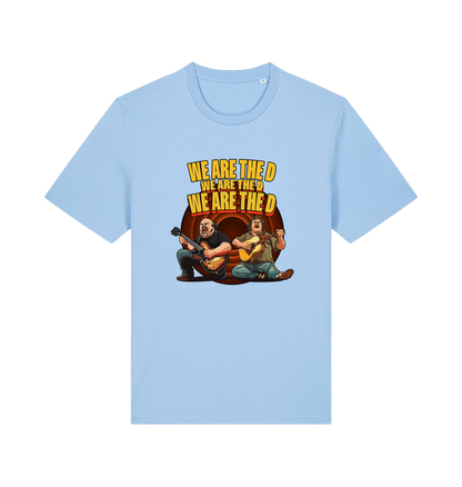 light blue music t-shirt with the graphic of two men playing guitars and the slogan 'we are the d'