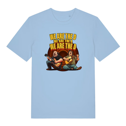 light blue music t-shirt with the graphic of two men playing guitars and the slogan 'we are the d we are the d we are the d'