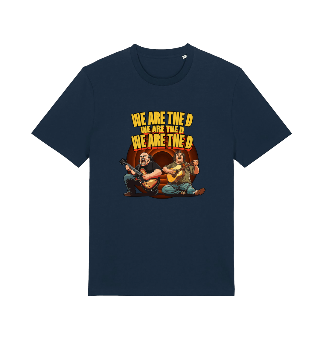 navy music t-shirt with the graphic of two men playing guitars and the slogan 'we are the d'