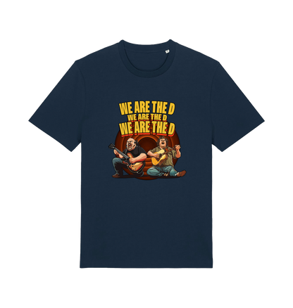 navy music t-shirt with the graphic of two men playing guitars and the slogan 'we are the d'
