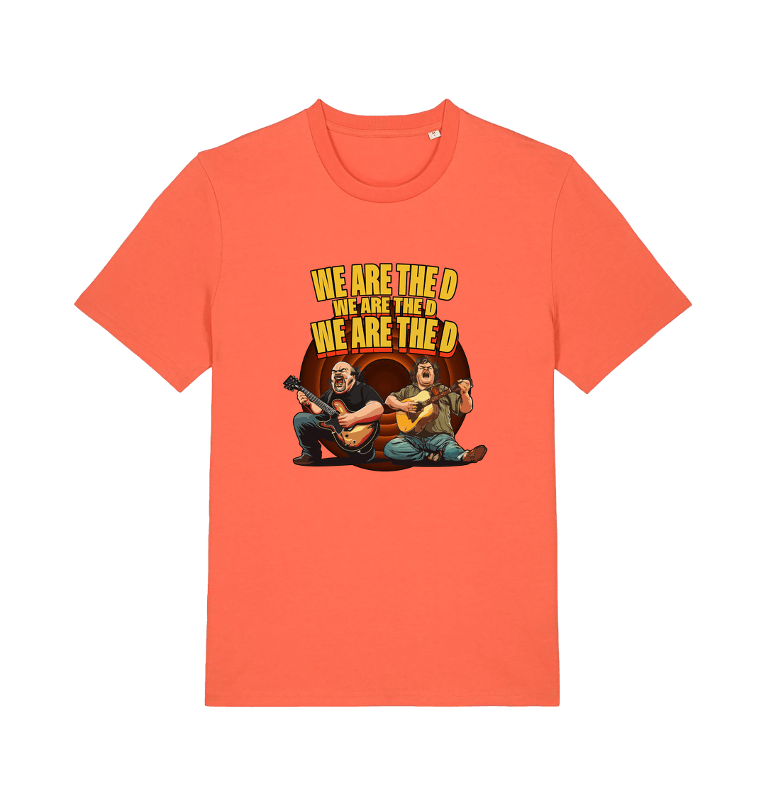 orange music t-shirt with the graphic of two men playing guitars and the slogan 'we are the d'